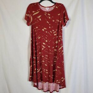 LuLaRoe XS Carly Swing Dress Red Yellow Abstract Print Short Sleeve High-Low Hem